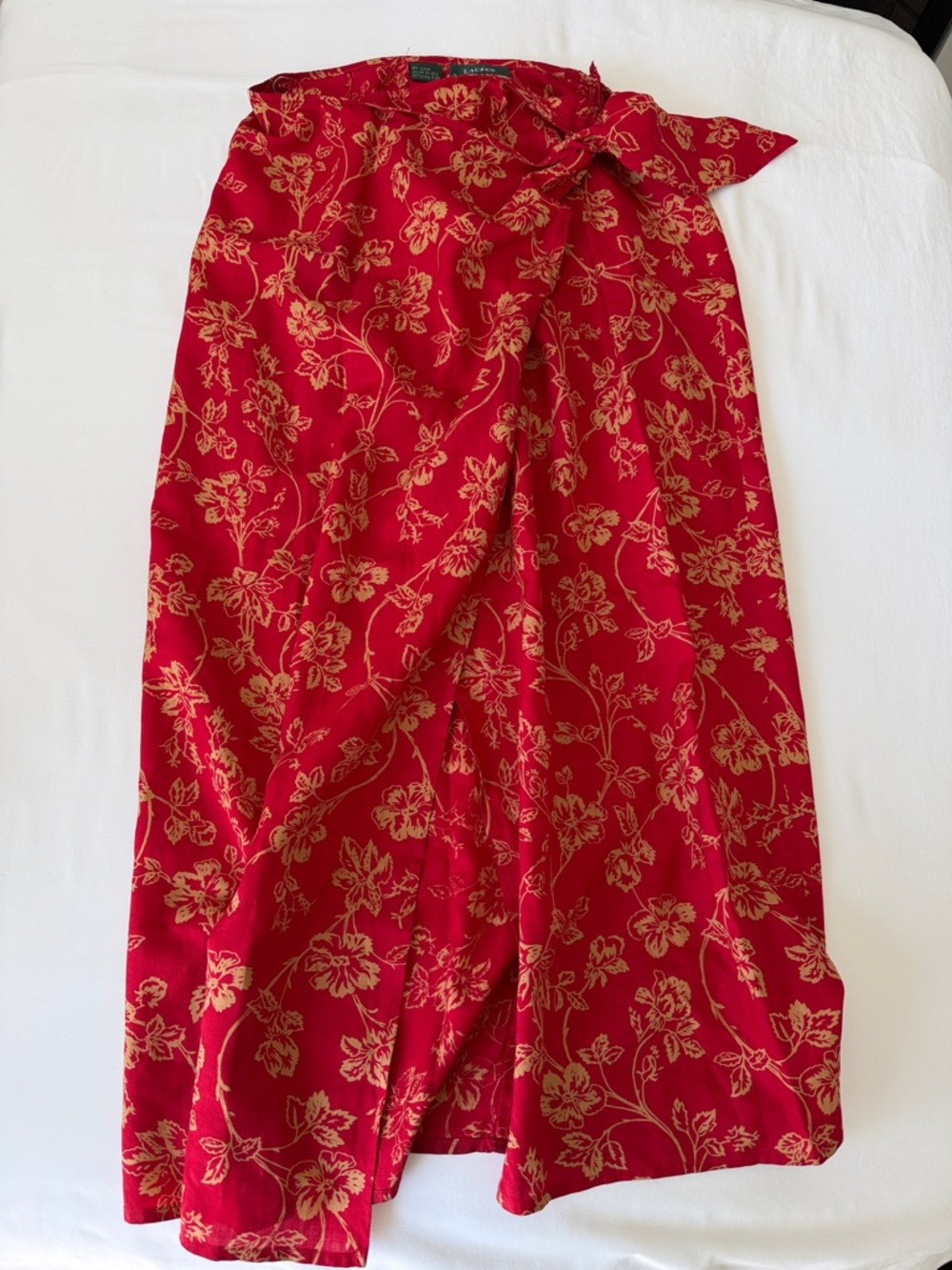 Ralph Lauren Red and Gold Floral Silk blend wrap Skirt 8